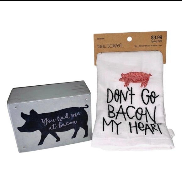 Farmhouse Tiered Tray Decor Piggy Bacon Tea Towel Wood Sign - Picture 1 of 3